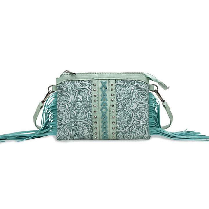 Women's Engraved Boho Flower Pattern Fringe Crossbody Bag
