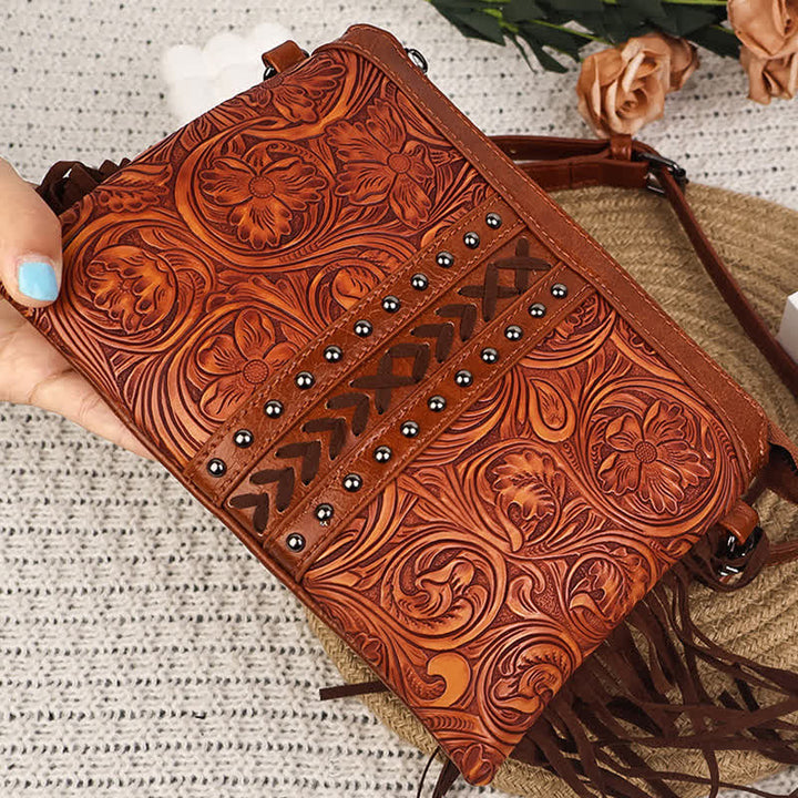 Women's Engraved Boho Flower Pattern Fringe Crossbody Bag