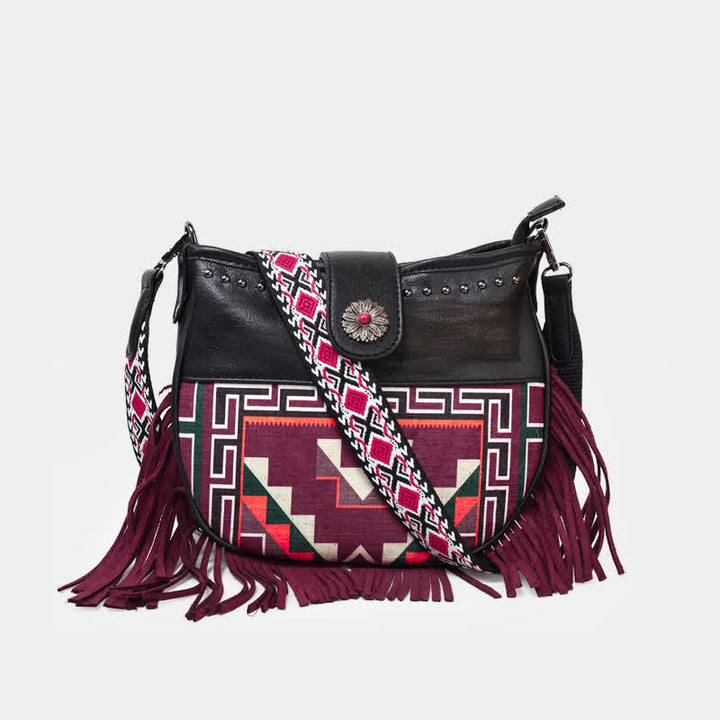 Women's Native Aztec Motifs Fringe Crossbody Bag