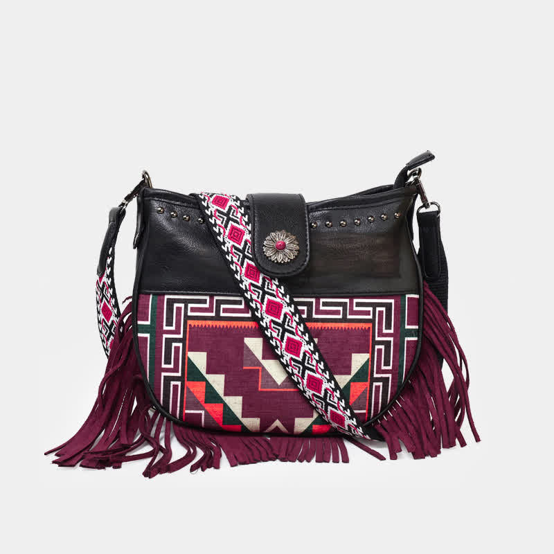 Women's Native Aztec Motifs Fringe Crossbody Bag - Burgundy - image 0
