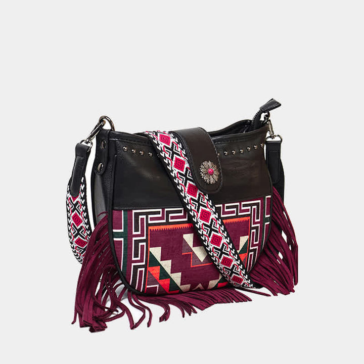 Women's Native Aztec Motifs Fringe Crossbody Bag