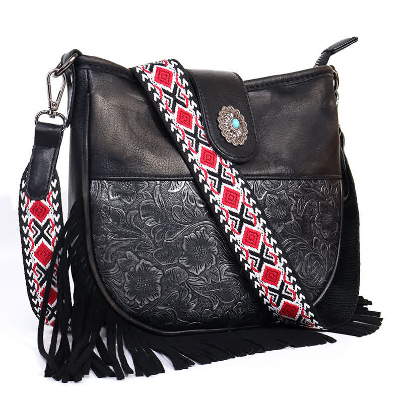 Women's Native Aztec Motifs Fringe Crossbody Bag
