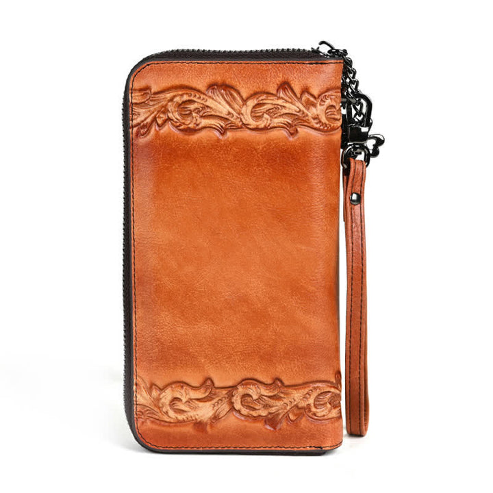 Women's Elegant Floral Long Leather Wallet with Wrist Strap