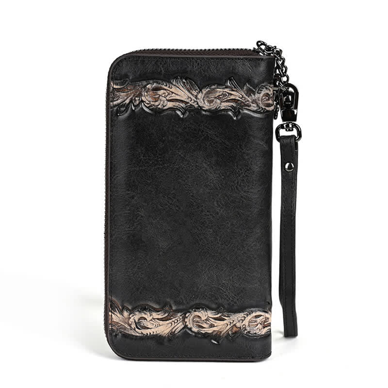 Women's Elegant Floral Long Leather Wallet with Wrist Strap