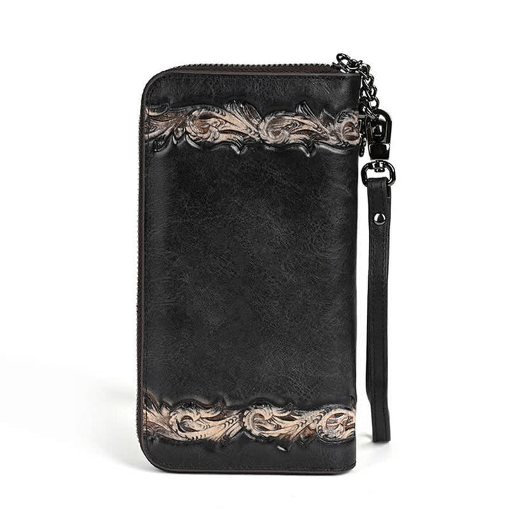 Women's Elegant Floral Long Leather Wallet with Wrist Strap