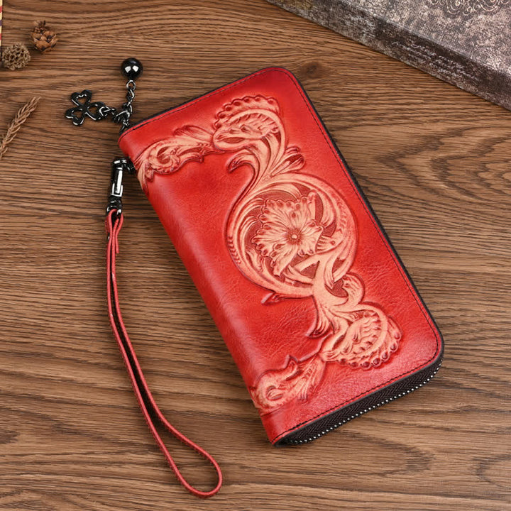 Women's Elegant Floral Long Leather Wallet with Wrist Strap