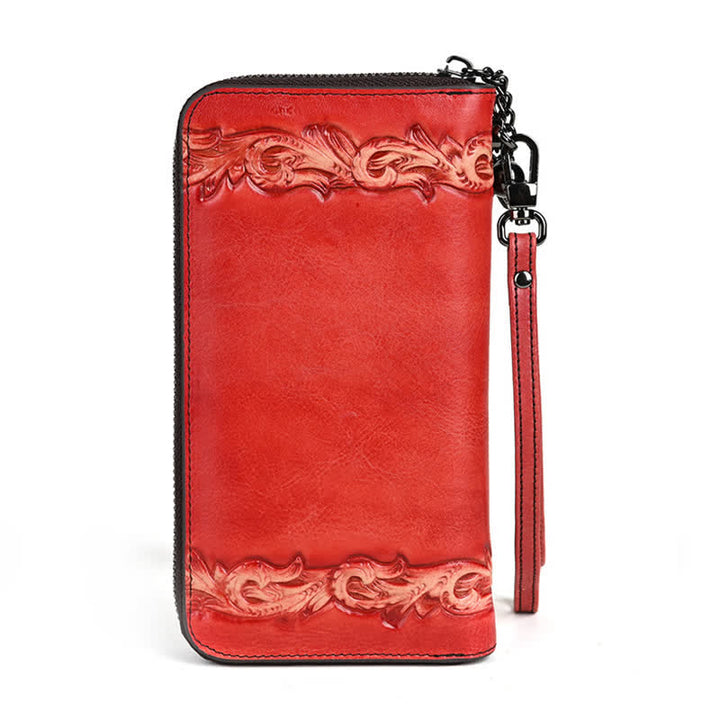 Women's Elegant Floral Long Leather Wallet with Wrist Strap