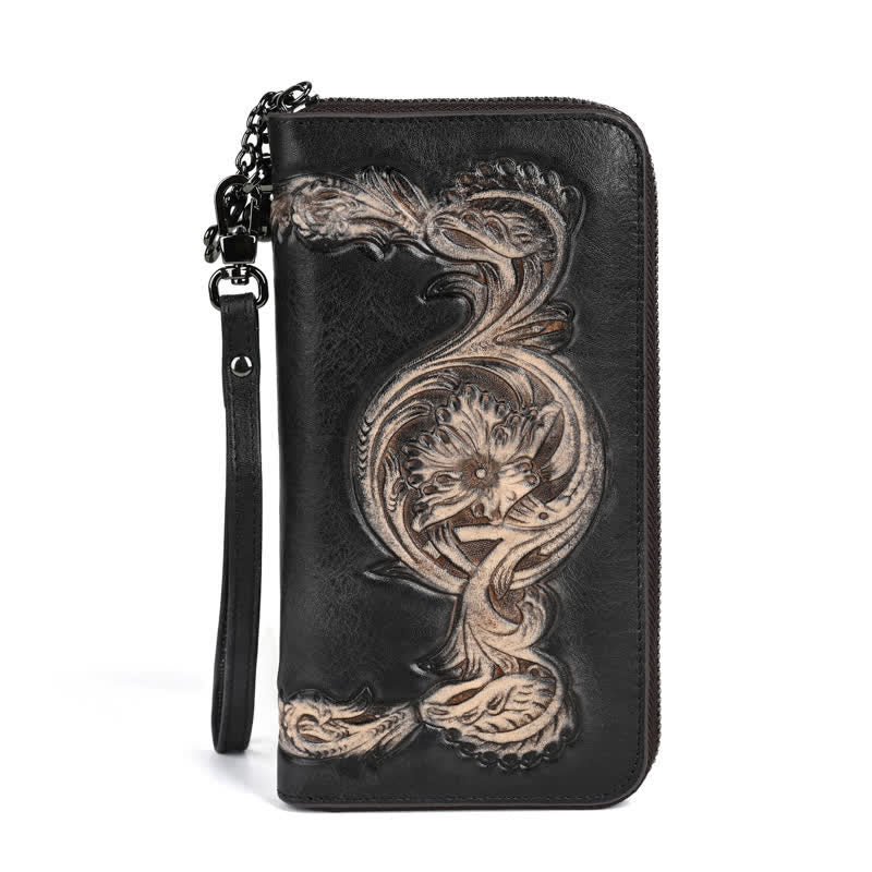 Women's Elegant Floral Long Leather Wallet with Wrist Strap