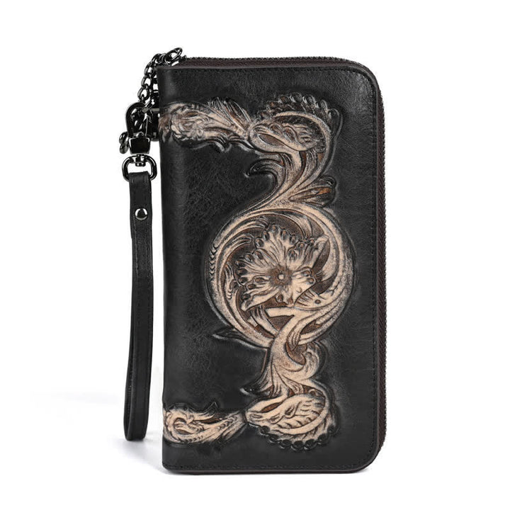 Women's Elegant Floral Long Leather Wallet with Wrist Strap