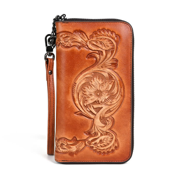 Women's Elegant Floral Long Leather Wallet with Wrist Strap - Yellow - image 0