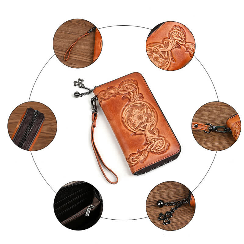 Women's Elegant Floral Long Leather Wallet with Wrist Strap