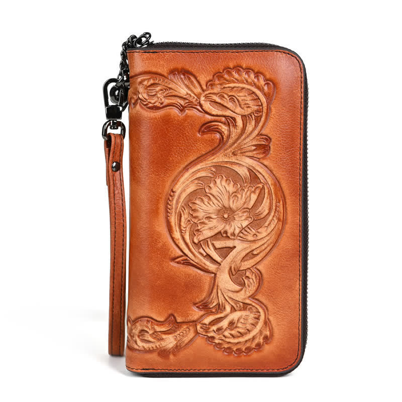 Women's Elegant Floral Long Leather Wallet with Wrist Strap - Yellow - image 0