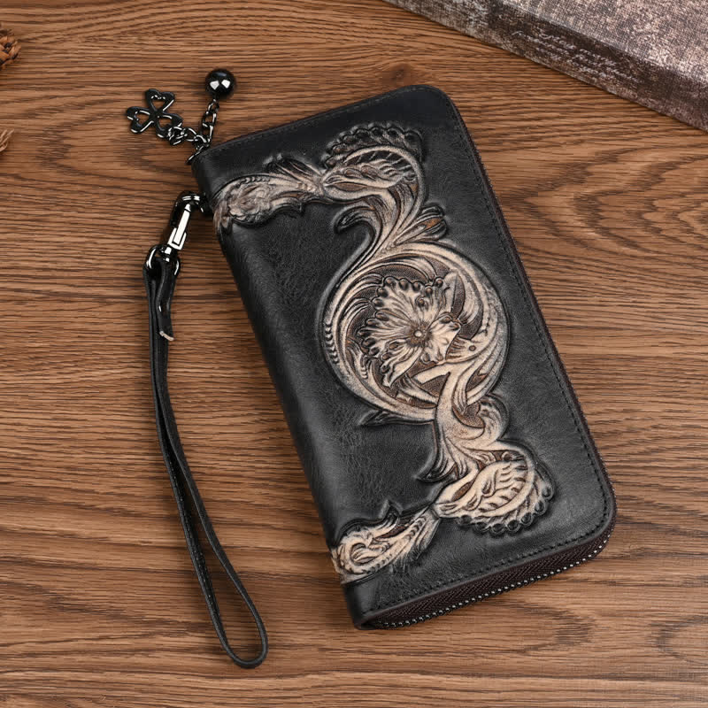 Women's Elegant Floral Long Leather Wallet with Wrist Strap