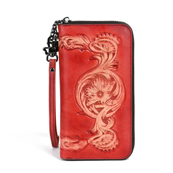 Women's Elegant Floral Long Leather Wallet with Wrist Strap