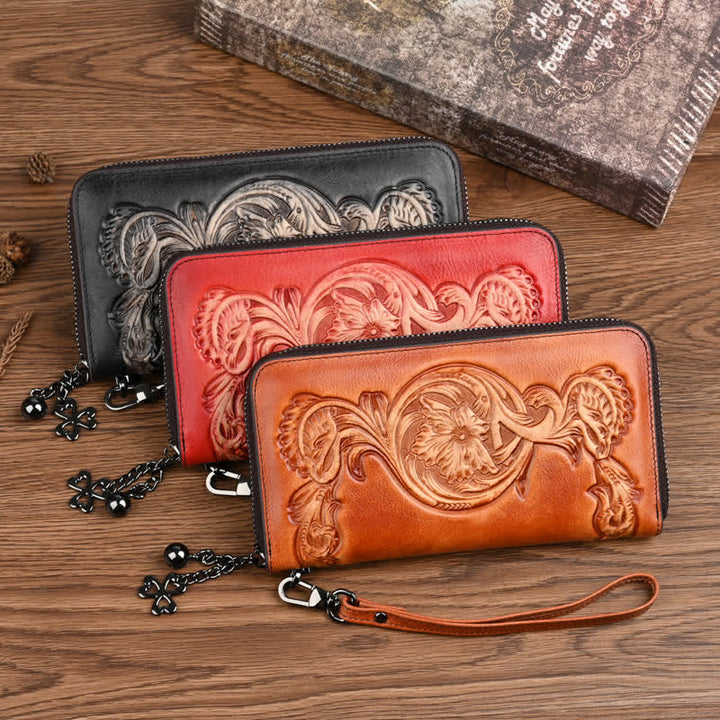 Women's Elegant Floral Long Leather Wallet with Wrist Strap