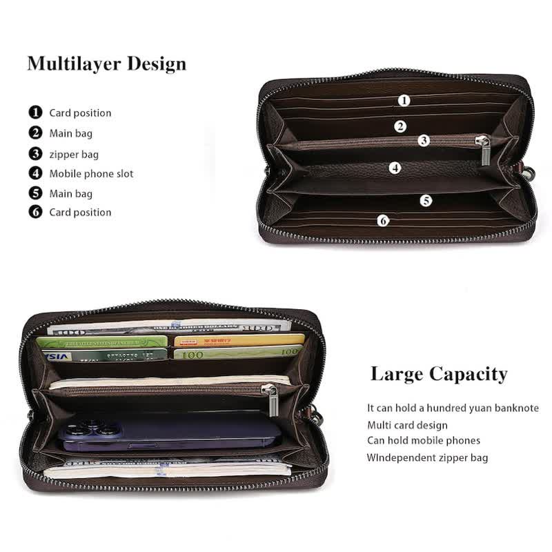 Women's Elegant Floral Long Leather Wallet with Wrist Strap