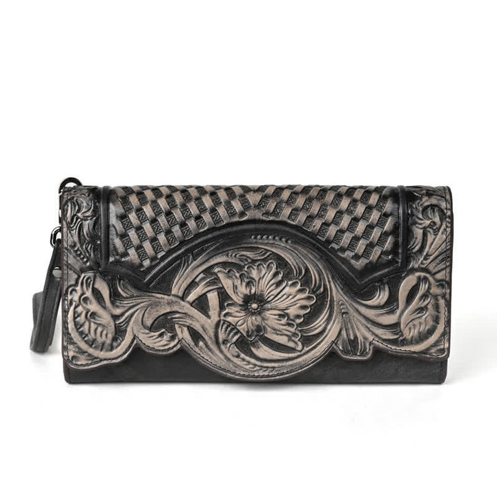 Women's Floral Long Three Folds Leather Wallet With Wrist Strap