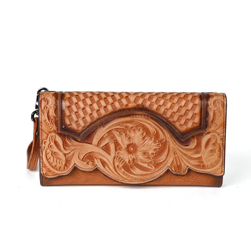 Women's Floral Long Three Folds Leather Wallet With Wrist Strap - Brown - image 0