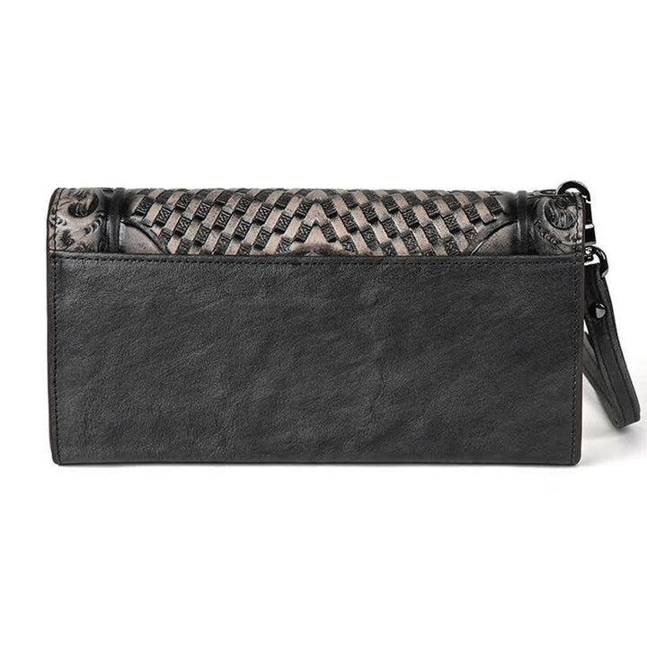 Women's Floral Long Three Folds Leather Wallet With Wrist Strap