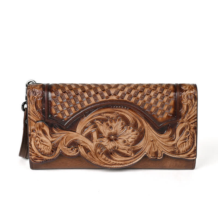 Women's Floral Long Three Folds Leather Wallet With Wrist Strap - Coffee - image 11