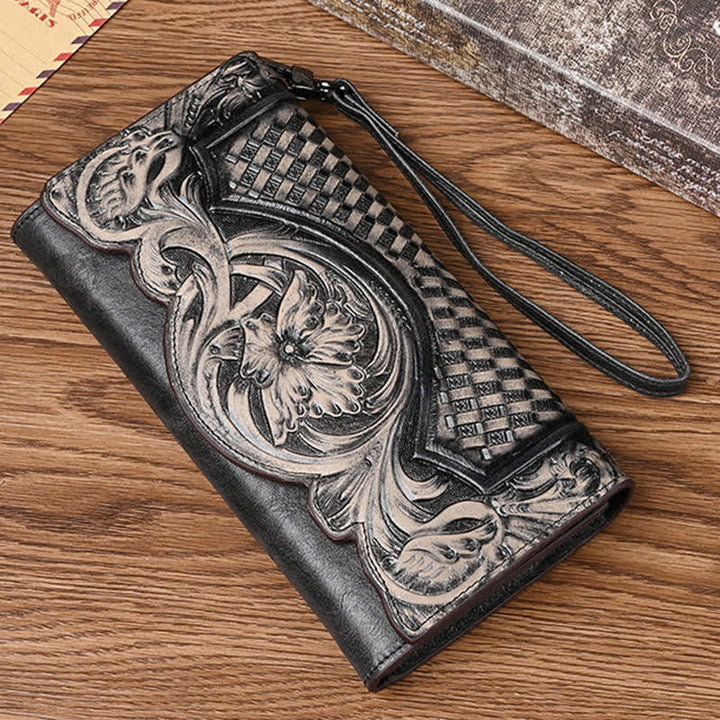 Women's Floral Long Three Folds Leather Wallet With Wrist Strap