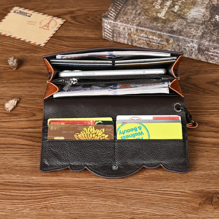 Women's Floral Long Three Folds Leather Wallet With Wrist Strap - image 3