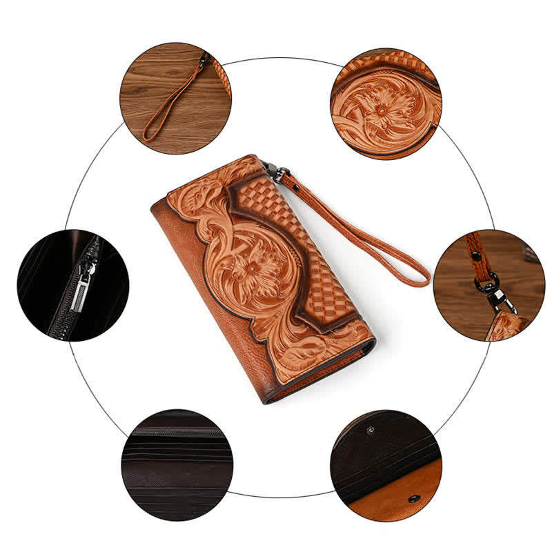 Women's Floral Long Three Folds Leather Wallet With Wrist Strap - image 6