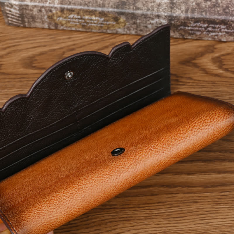 Women's Floral Long Three Folds Leather Wallet With Wrist Strap