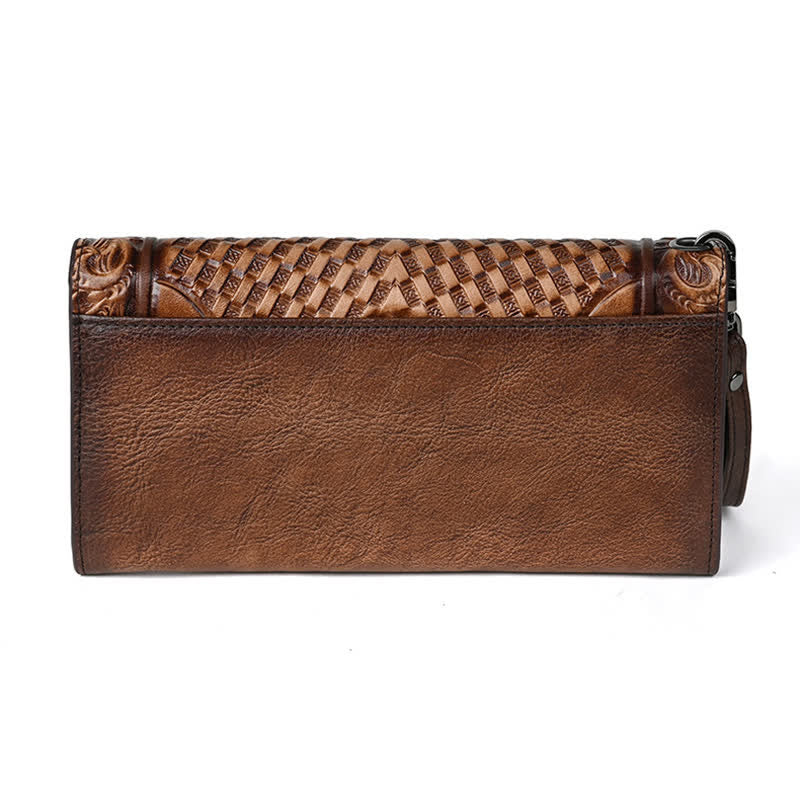 Women's Floral Long Three Folds Leather Wallet With Wrist Strap