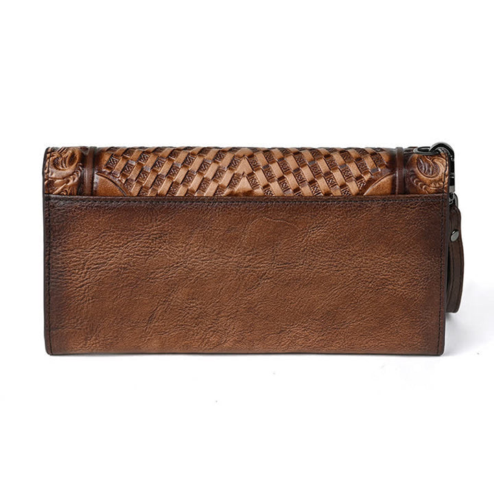 Women's Floral Long Three Folds Leather Wallet With Wrist Strap