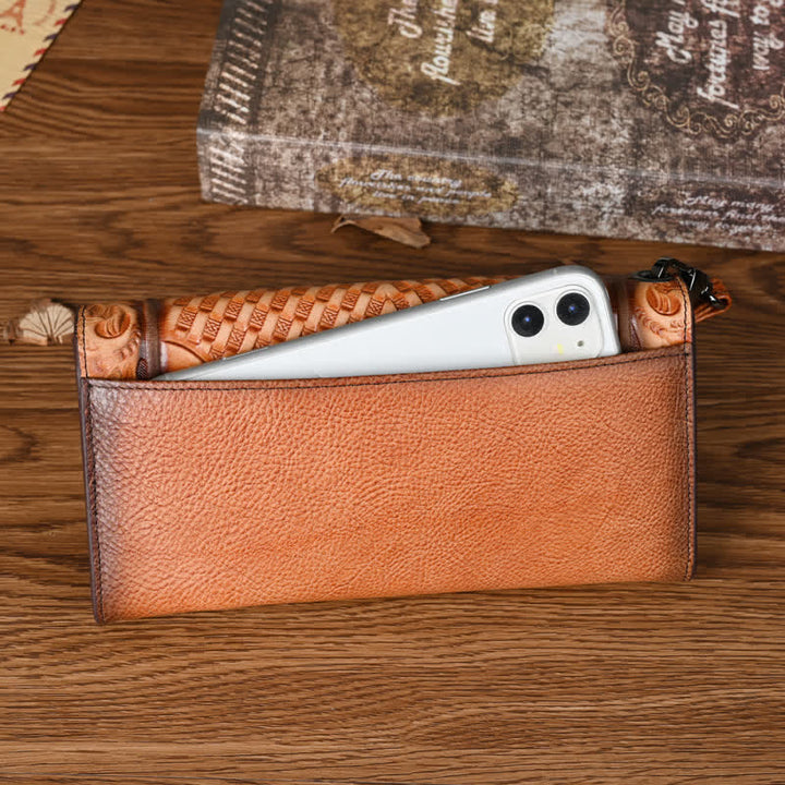 Women's Floral Long Three Folds Leather Wallet With Wrist Strap - image 5