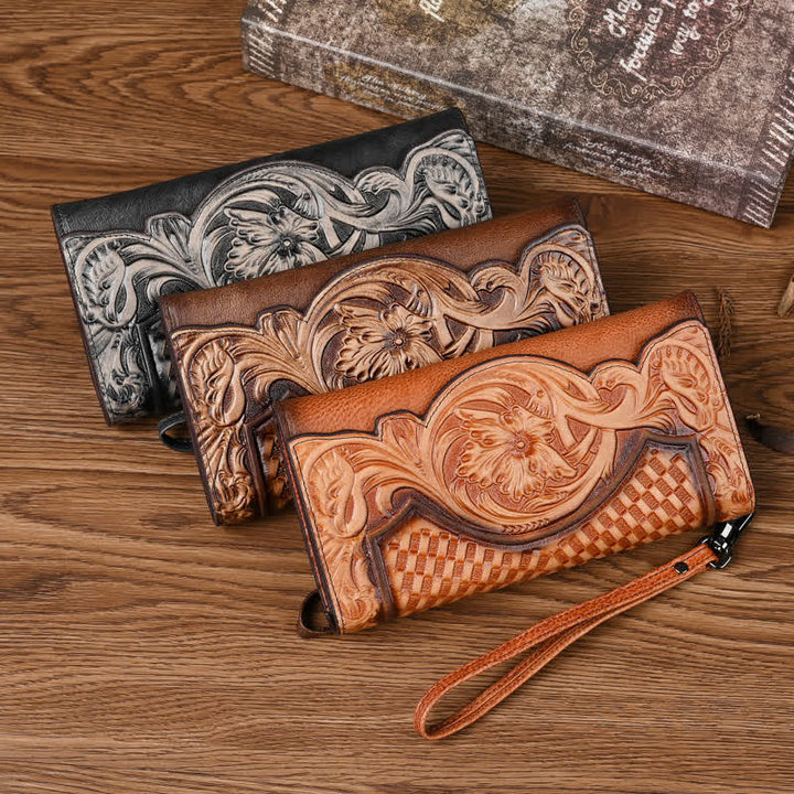 Women's Floral Long Three Folds Leather Wallet With Wrist Strap