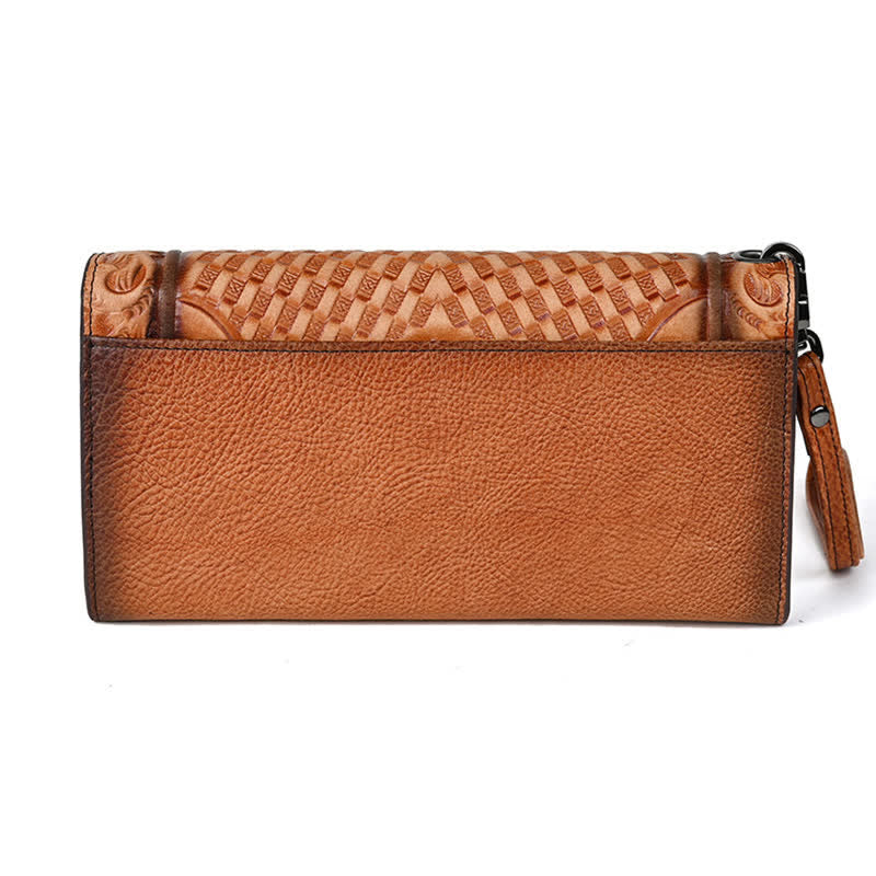 Women's Floral Long Three Folds Leather Wallet With Wrist Strap