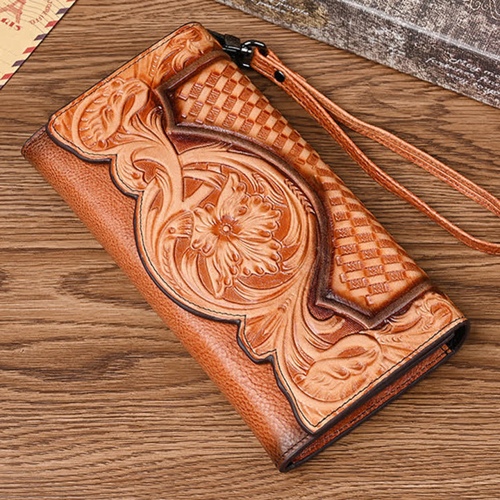 Women's Floral Long Three Folds Leather Wallet With Wrist Strap