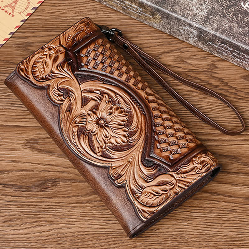 Women's Floral Long Three Folds Leather Wallet With Wrist Strap