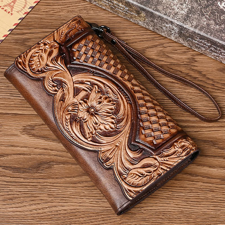 Women's Floral Long Three Folds Leather Wallet With Wrist Strap