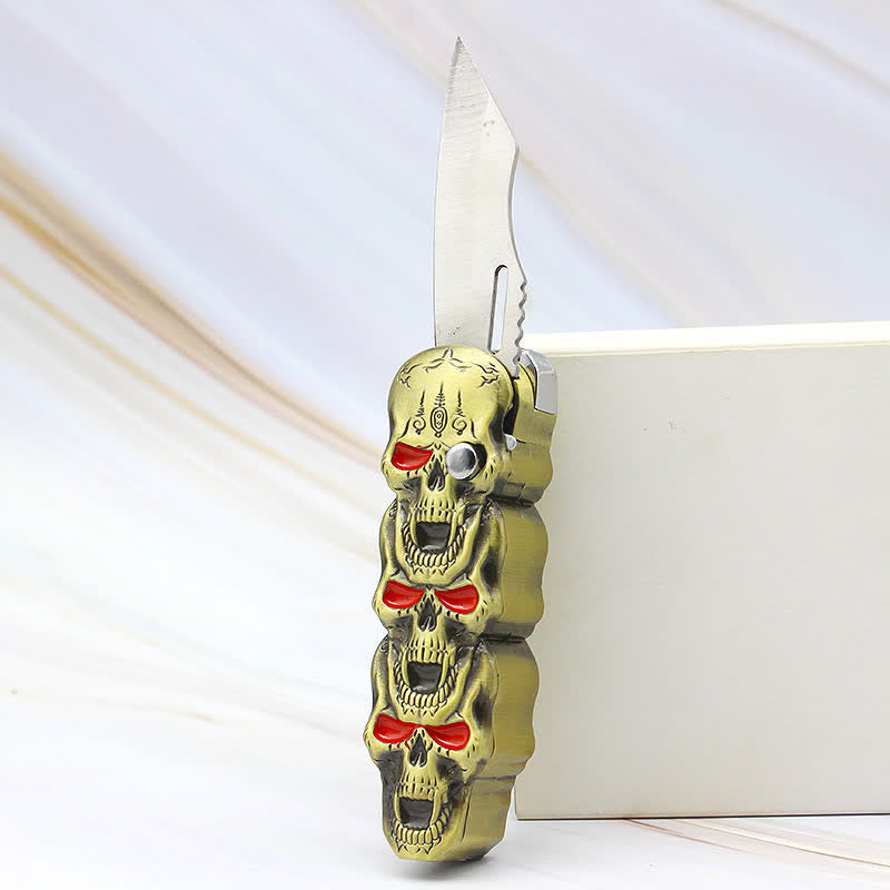 Triple Skull Head Refillable Butane Lighter With Knife - image 5