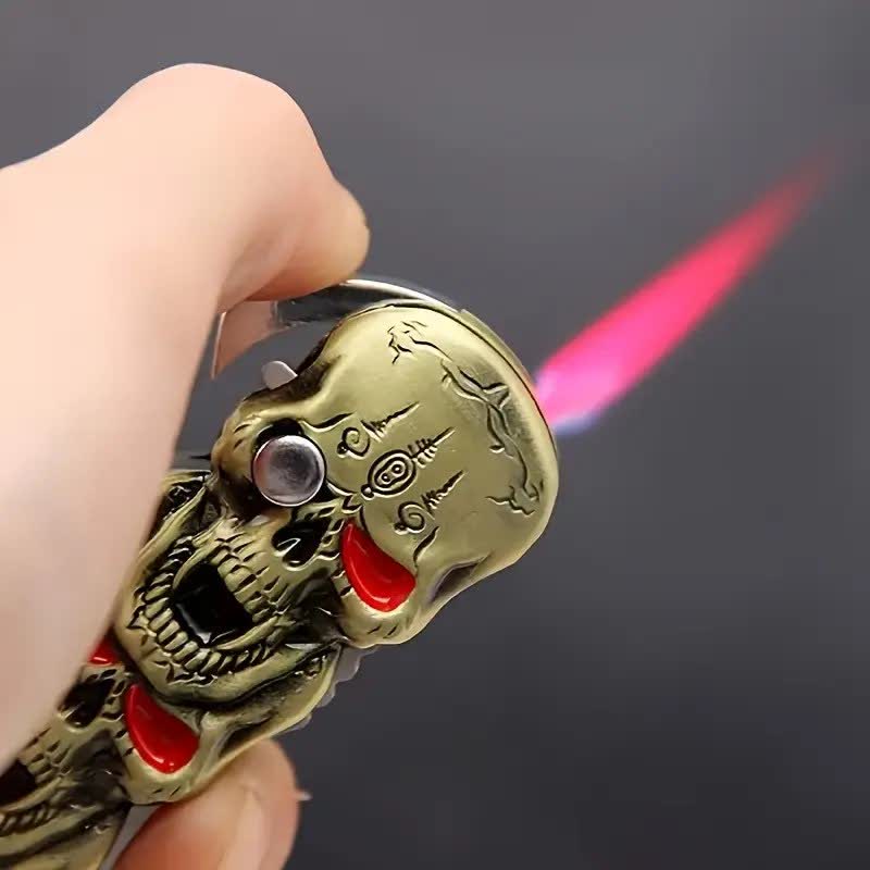 Triple Skull Head Refillable Butane Lighter With Knife - image 3