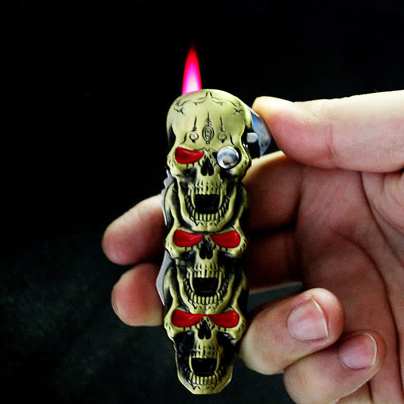 Triple Skull Head Refillable Butane Lighter With Knife - image 2