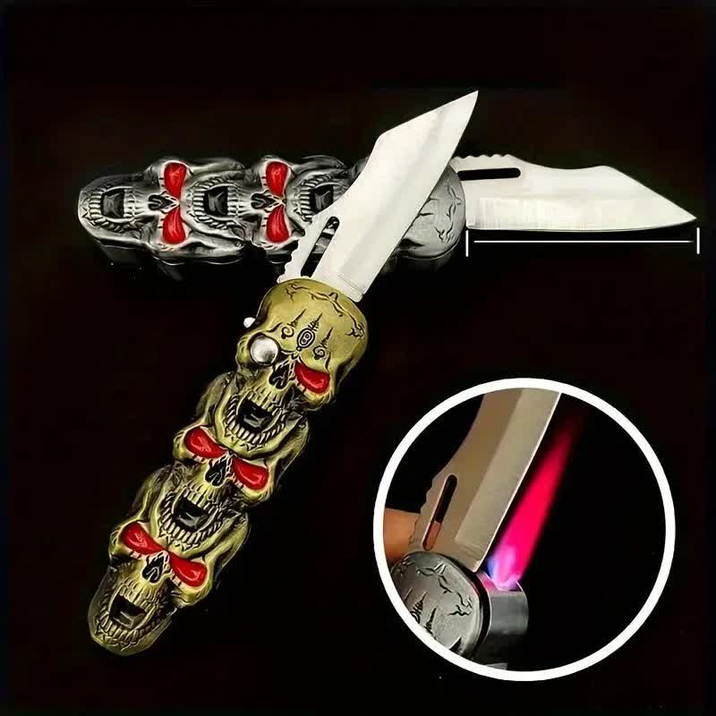 Triple Skull Head Refillable Butane Lighter With Knife - image 0