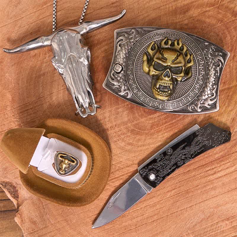 Skull DIY Hidden Knife Belt Buckle Longhorn Pendant Bull Ring Bundle Set  - image 2