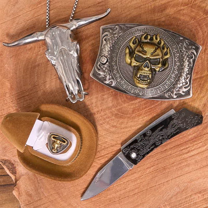 Skull DIY Hidden Knife Belt Buckle Longhorn Pendant Bull Ring Bundle Set  - image 2