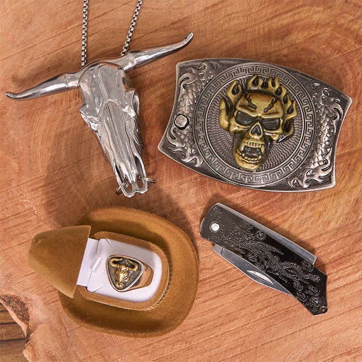 Skull DIY Hidden Knife Belt Buckle Longhorn Pendant Bull Ring Bundle Set  - image 3