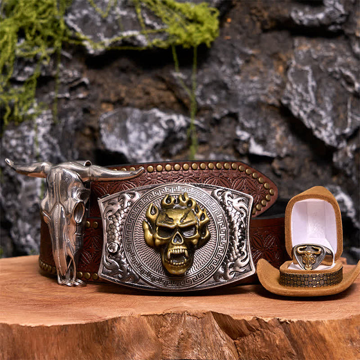 Skull DIY Hidden Knife Belt Buckle Longhorn Pendant Bull Ring Bundle Set  - Bundle Set - Brown Rivet Belt - 42 - image 11