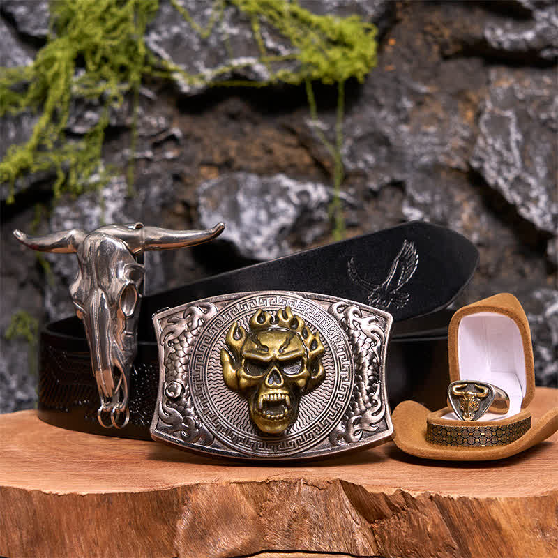 Skull DIY Hidden Knife Belt Buckle Longhorn Pendant Bull Ring Bundle Set  - Bundle Set - Black Embossed Eagle Belt - 42 - image 9