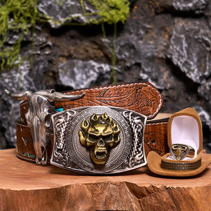 Skull DIY Hidden Knife Belt Buckle Longhorn Pendant Bull Ring Bundle Set  - Bundle Set - Turquoise Carved Belt - 42 - image 10