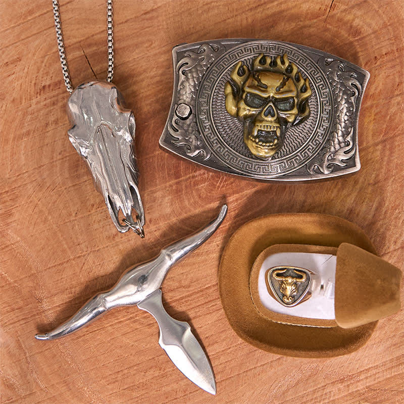 Skull DIY Hidden Knife Belt Buckle Longhorn Pendant Bull Ring Bundle Set  - Bundle Set - Without Belt - Not Inclued Belt - image 1