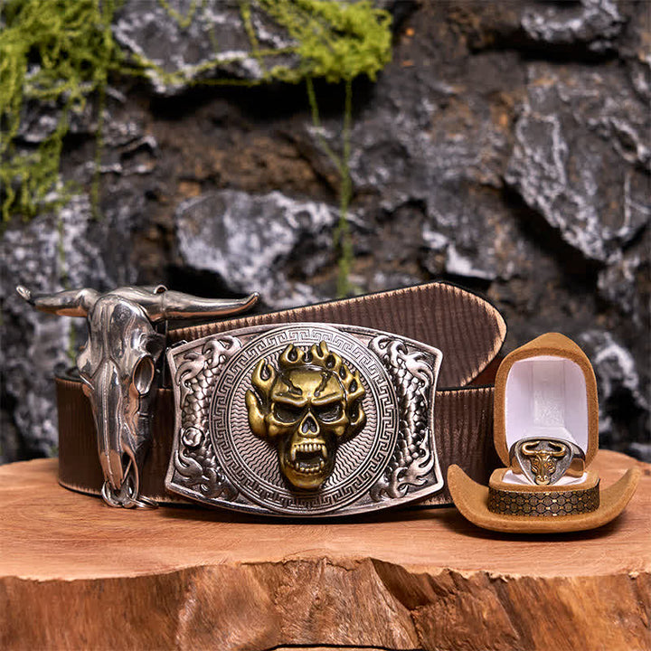 Skull DIY Hidden Knife Belt Buckle Longhorn Pendant Bull Ring Bundle Set  - Bundle Set - Brown Distressed Belt - 42 - image 12