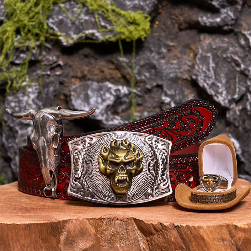 Skull DIY Hidden Knife Belt Buckle Longhorn Pendant Bull Ring Bundle Set  - Bundle Set - Brown Carved Belt - 42 - image 13