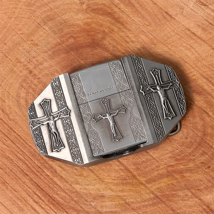 Men's DIY Jesus Cross Leather Belt with Hidden Lighter